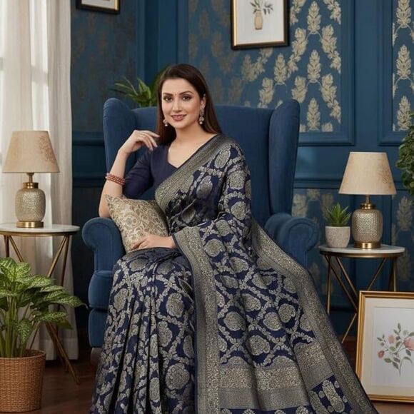 Women's Kanjivaram Pure Banarsi Silk Saree With Blouse Piece Golden Zari NWT - Picture 12 of 12